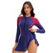 Women's Modest Long Sleeve Swim Dress Color Block UV Protection Rash Guard Skirted Bottom_ecoleips.com