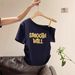 Grey Letter Slanted Shoulder Print Waist Pleated Short-sleeved T-shirt Women's Summer New Off-the-shoulder Design Top_ecoleips.com