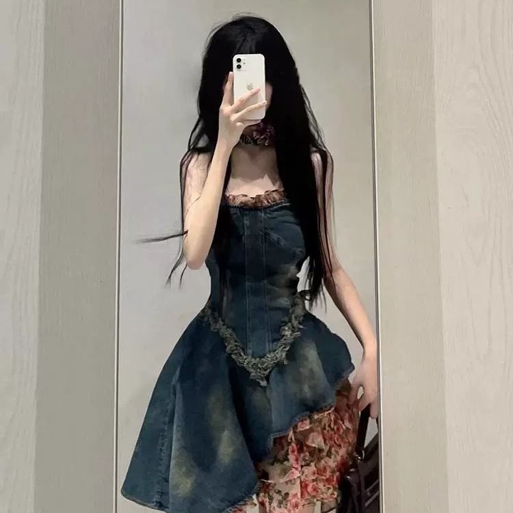 French Style Stunning Sweet And Spicy Girl Strapless Denim Dress For Women In Summer, High-End Feeling, Slim Waist,_ecoleips.com