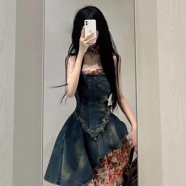 French Style Stunning Sweet And Spicy Girl Strapless Denim Dress For Women In Summer, High-End Feeling, Slim Waist,_ecoleips.com