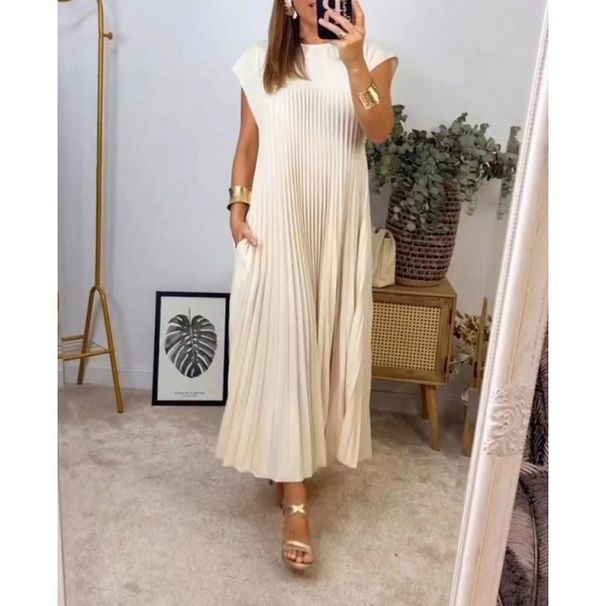 2024 Autumn New Cross-border European And American Women's Clothing Elegant Fashion Round Neck Sleeveless Pleated Long_ecoleips.com