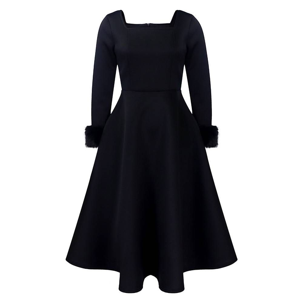 Fashionable And Elegant Feather Fur Splicing Banquet Big Swing Dress Dress For Women_ecoleips.com