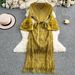 Women's Clothing High Class Lady Elegant Pleated Flower Trumpet Sleeve Dress Female Tie Waist Slim Tassel Long Skirt_ecoleips.com