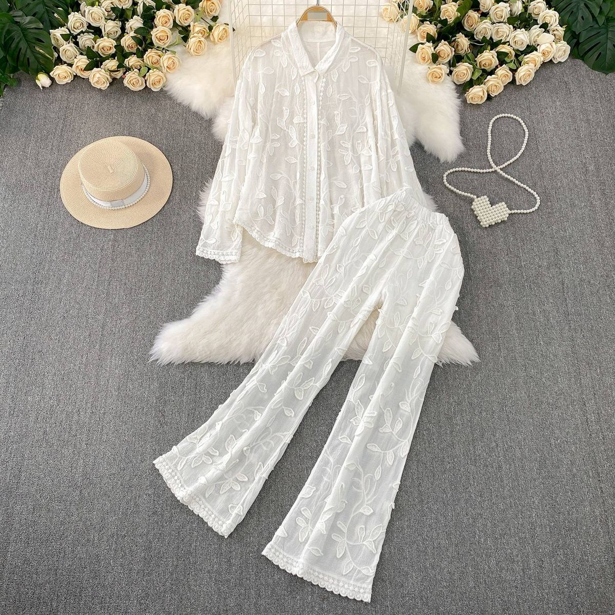Elegant French-Inspired Embroidered Blouse With High-Waisted Wide-Leg Pants Set – Flowy Long Sleeve Shirt & Slimming Trousers For Women_ecoleips.com