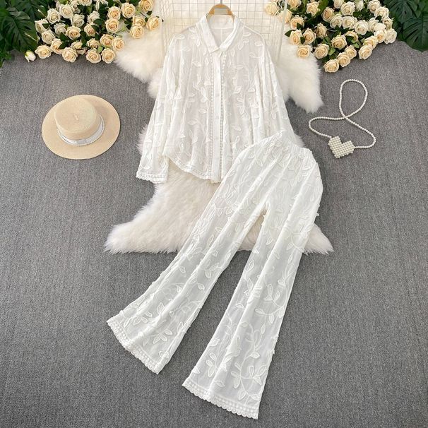 Elegant French-Inspired Embroidered Blouse With High-Waisted Wide-Leg Pants Set – Flowy Long Sleeve Shirt & Slimming Trousers For Women_ecoleips.com
