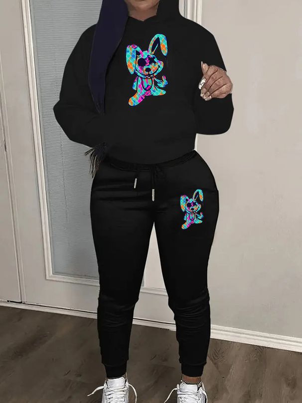 Women's Autumn And Winter Casual Fashion Cartoon Rabbit Pattern Printed Thick Fleece Warm Hooded Sweatshirt+sports Pants Set-753_ecoleips.com