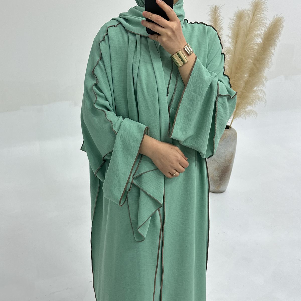 Verve Loriya 2025 Turkey Dubai Solid Color Trim Cardigan Dress Three-Piece Set LR693_ecoleips.com