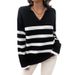 Women's Autumn/Winter Casual Loose Striped Collared Sweater With Contrasting Colors_ecoleips.com