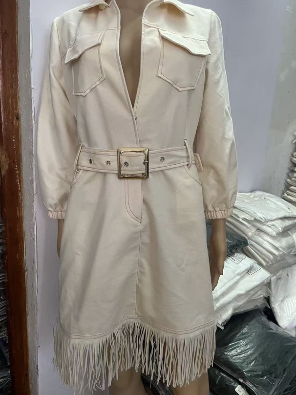 K Western Style V-neck Puffy Sleeve Fringed Dress For Women; Short Skirt With A Belt To Accentuate The Waist; Slimming Faux Denim Dress_ecoleips.com