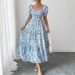 Women's Summer Elegant Sketch Print Dress Square Neck Long Puff Sleeve Loose Fit Relaxed Style_ecoleips.com