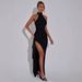 2025 Summer New Fashion Elegant Solid Color Shimmer Sexy Backless Side Slit Off-Shoulder Halter Dress For Women_ecoleips.com
