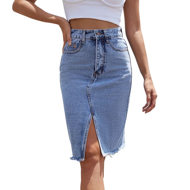 Women’s Clothing high waist medium and long hip wrapped split denim skirt_ecoleips.com