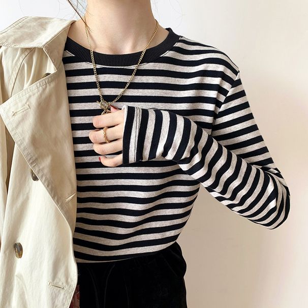 Striped Long-Sleeved Women's Autumn Loose Korean-Style T-Shirt With A Base Layer Underneath_ecoleips.com