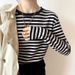 Striped Long-Sleeved Women's Autumn Loose Korean-Style T-Shirt With A Base Layer Underneath_ecoleips.com