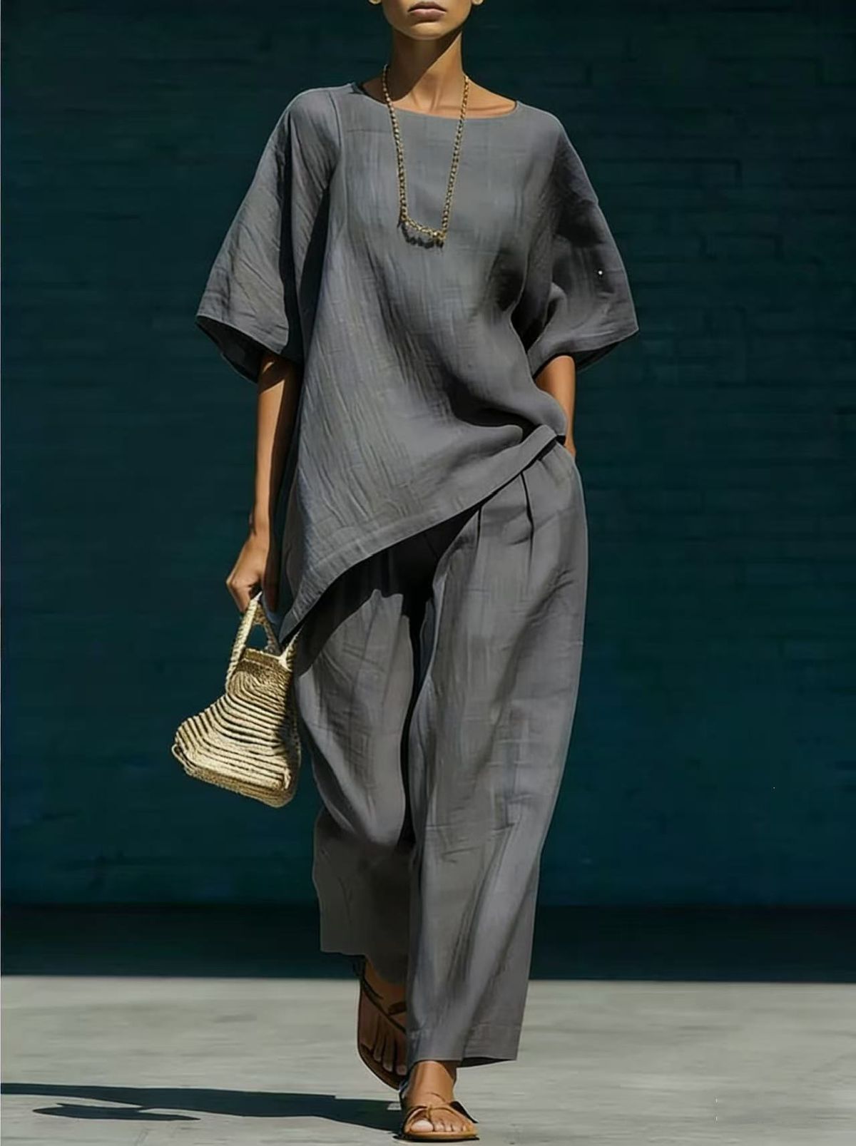 Women's Clothing Fashion Women's Summer Set Simple Loose Short Sleeve Irregular Hem Top With Wide Leg Pants_ecoleips.com