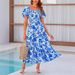 Women's Summer Puff Sleeve Slimming Maxi Dress – High Waist Off-Shoulder Floral Print With Adjustable Spaghetti Strap, Resort Style 2026_ecoleips.com