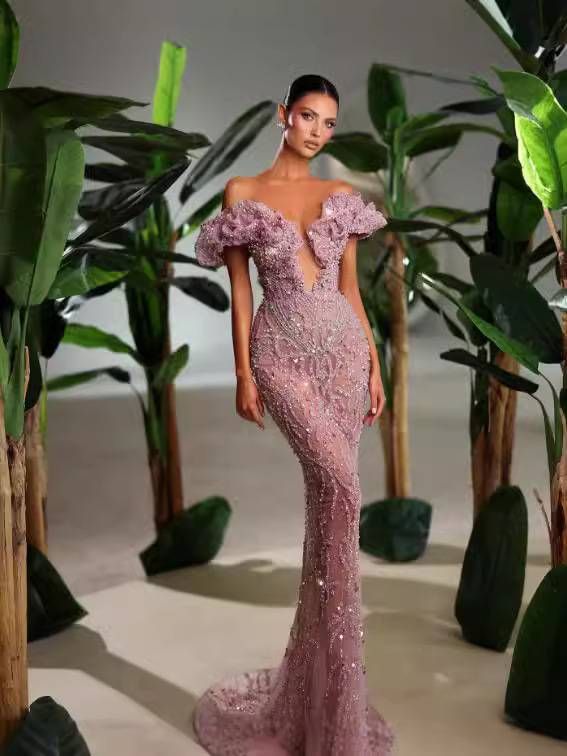 Women's Clothing New Deep V Neck Pink Sequin Sexy Slim Long Skirt Birthday Party Patty Hip Evening Dress_ecoleips.com