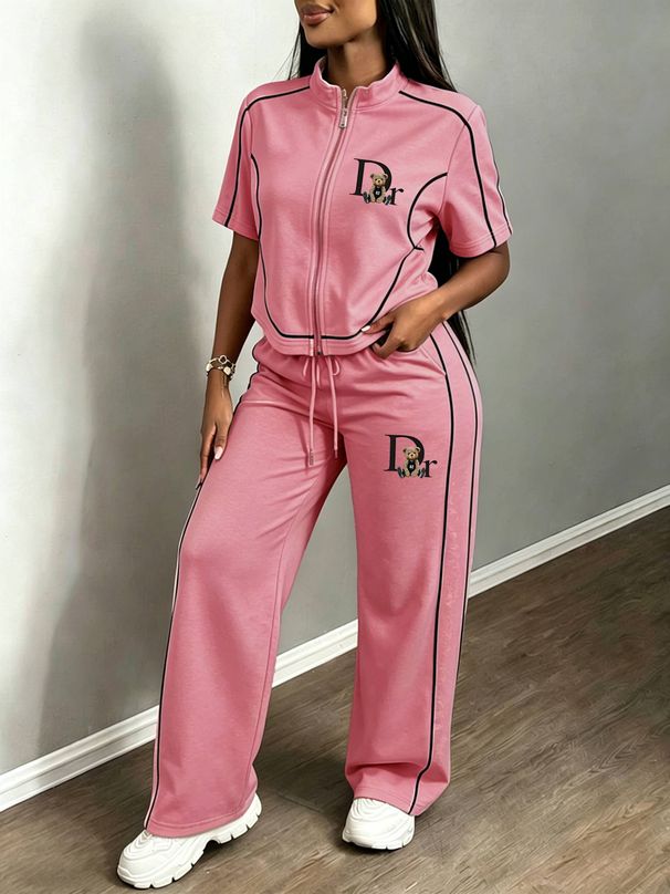 Women's New Trendy Street Outdoor Stand Up Collar Sports Jacket And Pants Set_ecoleips.com