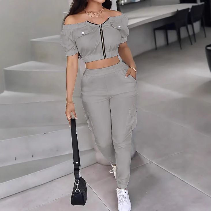 Women's Summer Fashion Two-Piece Set, Off-Shoulder Top With Elastic Waist Pants, Elegant And Slimming Outfit_ecoleips.com