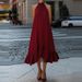 Summer Simple Solid Color Fluffy Dress Casual Hanging Neck Hollow Sleeveless Banquet Dress Vacation Pleated Loose Long Dresses_ecoleips.com