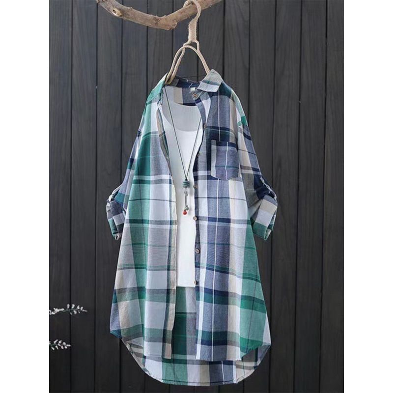 Plaid Shirt Women's Long-Sleeved Shirt Retro Coat Loose All-Matching Slimming Color Shirt Cardigan Fashion_ecoleips.com