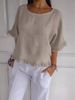 New 2025 Summer Women's Short Sleeve Round Neck Cotton Linen Solid Color Loose Fit Shirt_ecoleips.com