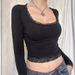 Women's Clothing Spring and autumn hot girl style sexy U neck lace bow stitching slim fit long sleeve Y2K bottoming shirt T shirt_ecoleips.com