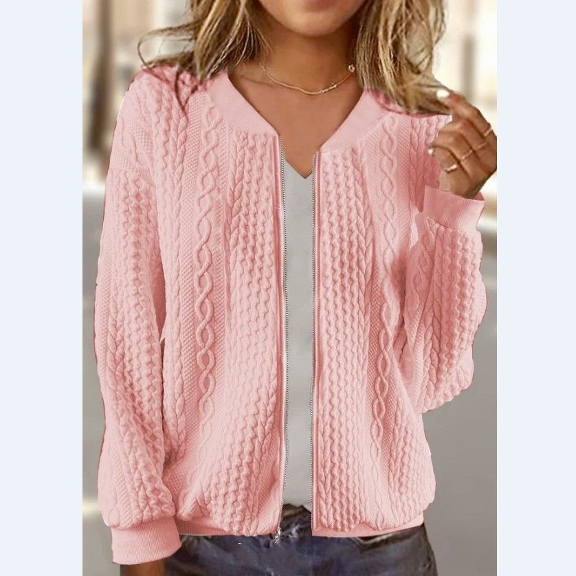 Women's V-Neck Zip-Up Sweatshirt With 3D Jacquard & Ribbed Trim – Cozy Oversized Pullover For Fall_ecoleips.com