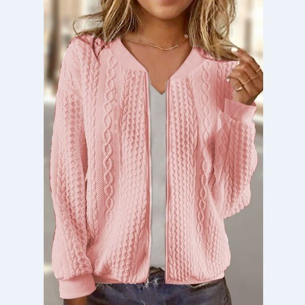 Women's V-Neck Zip-Up Sweatshirt With 3D Jacquard & Ribbed Trim – Cozy Oversized Pullover For Fall_ecoleips.com
