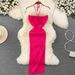Women's Clothing Temperament Halter Neck Hollow Tight Slimming Backless Sleeveless Mid Length Slit Hip Covering Knitted Bottoming Dress_ecoleips.com