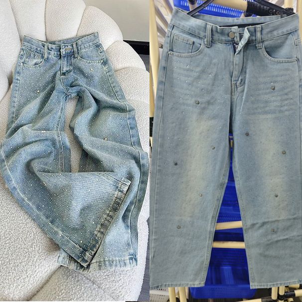 Heavy-Duty Rhinestone Jeans – High-Waisted Straight-Leg Pants For Women, Plus Size & Petite Friendly, Summer Light Blue Washed Denim_ecoleips.com
