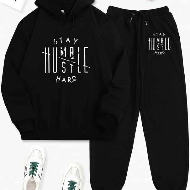 Women's Autumn And Winter Fashion Casual Stay Humble Letter Pattern Print Thick And Plush Warm Hooded Sweatshirt+sports Pants Set-802_ecoleips.com