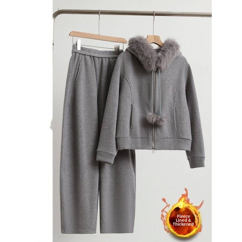 Women's Clothing Women's Fleece Lined Thick Tracksuit Set Style Winter Outfit Gray Fur Collar Sweatshirt And Pants_ecoleips.com