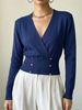 Women Lightweight Breathable Wrap V Neck Knit Top Long Sleeve Gold Button Slim Cropped Knit Blouse_ecoleips.com