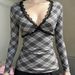 ng2510292 Sweet And Alluring Lace Trim Deep V-neck Plaid Long-sleeve T-shirt For Women, Slim-fit, Fashionable Inner Top Women's_ecoleips.com
