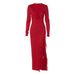Women's Clothing 2025 Early Autumn Fashion Sexy U-Neck Tie Side Slit Lace Slim Fit Long Sleeve Dress_ecoleips.com