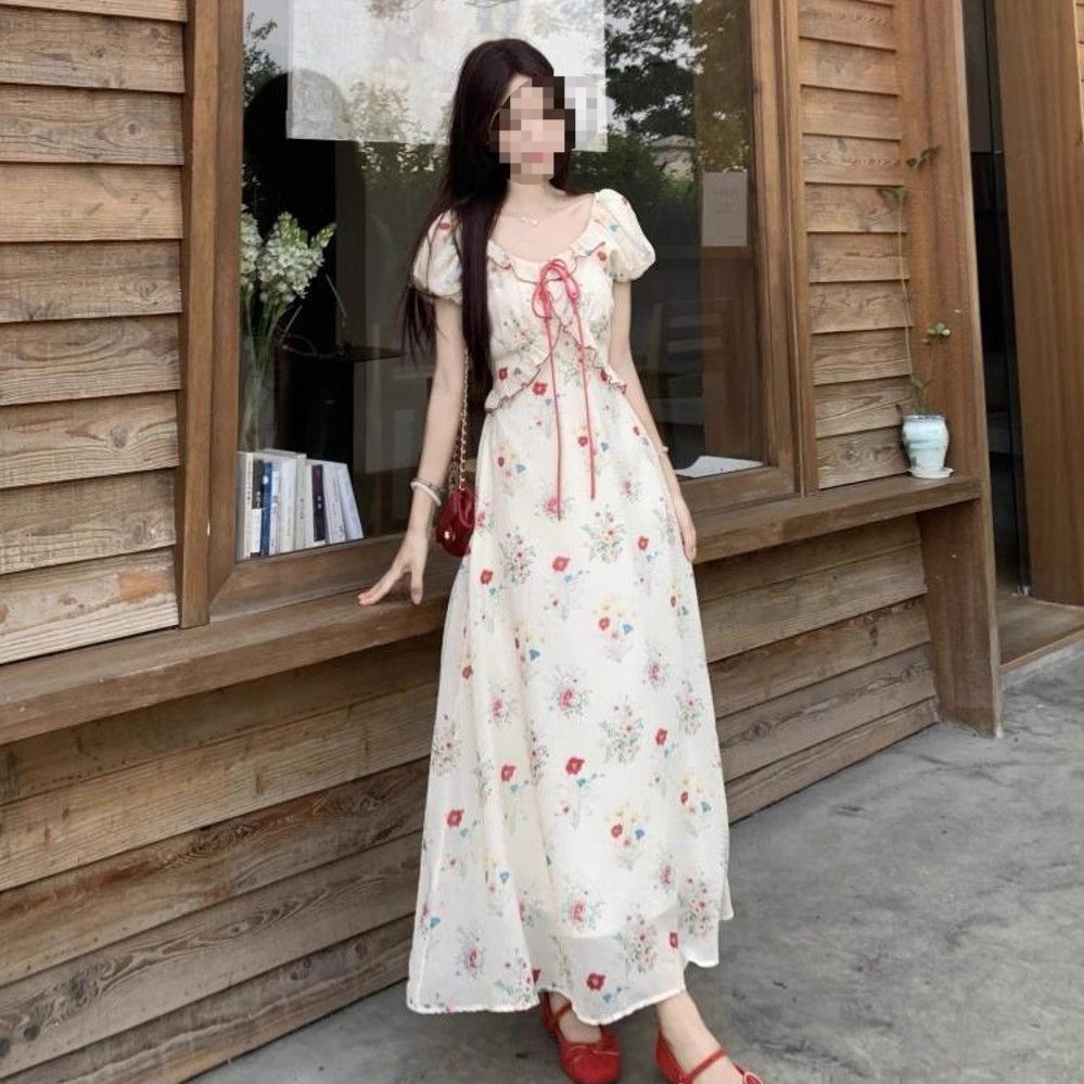 2025 French-style Floral Lace-up Dress, New Summer Short-sleeve Waist-cinching Long Dress For Seaside Vacations_ecoleips.com
