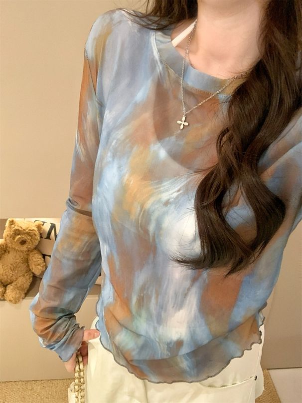 Ink Painting Print T-Shirt For Women, Spring And Autumn European Style, Slim Fit, Thin Long-Sleeve Mesh Base Shirt With_ecoleips.com