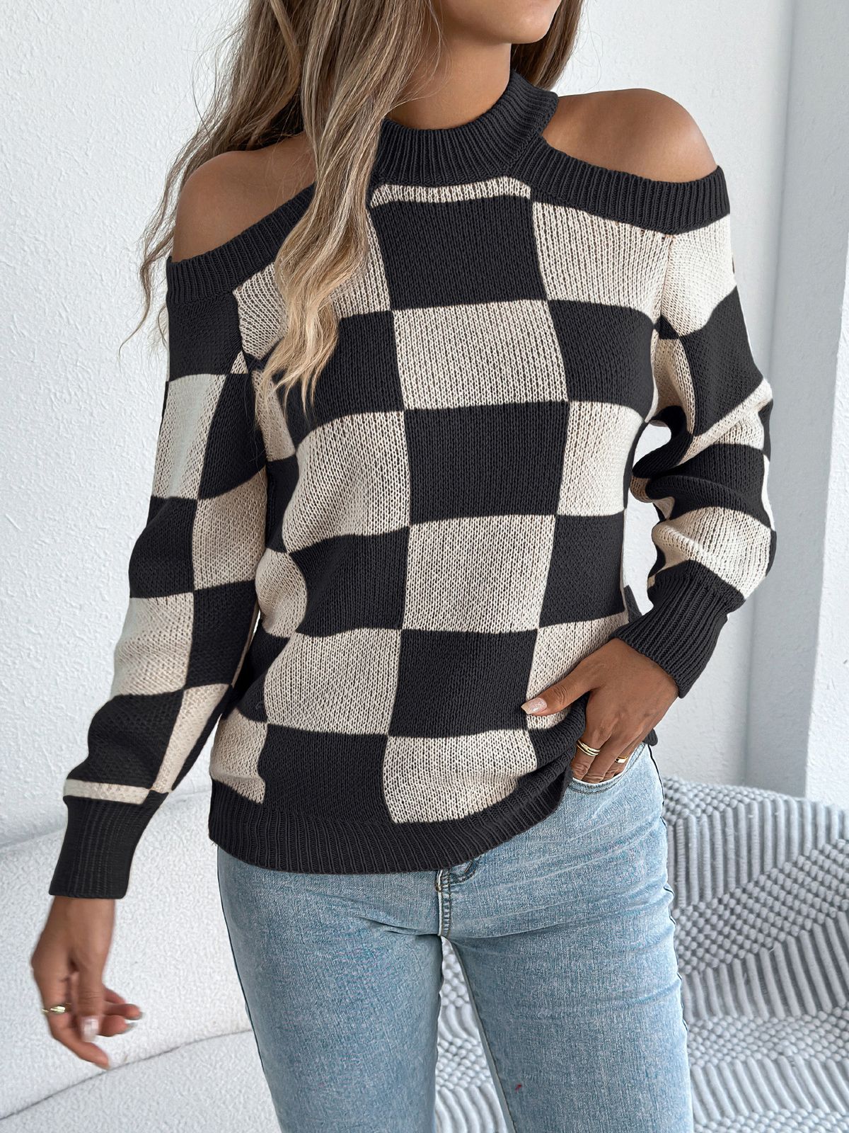 Autumn And Winter New Casual Off-shoulder Color-blocking Plaid Lantern Long-sleeve Sweater Women's Clothing_ecoleips.com