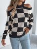 Autumn And Winter New Casual Off-shoulder Color-blocking Plaid Lantern Long-sleeve Sweater Women's Clothing_ecoleips.com