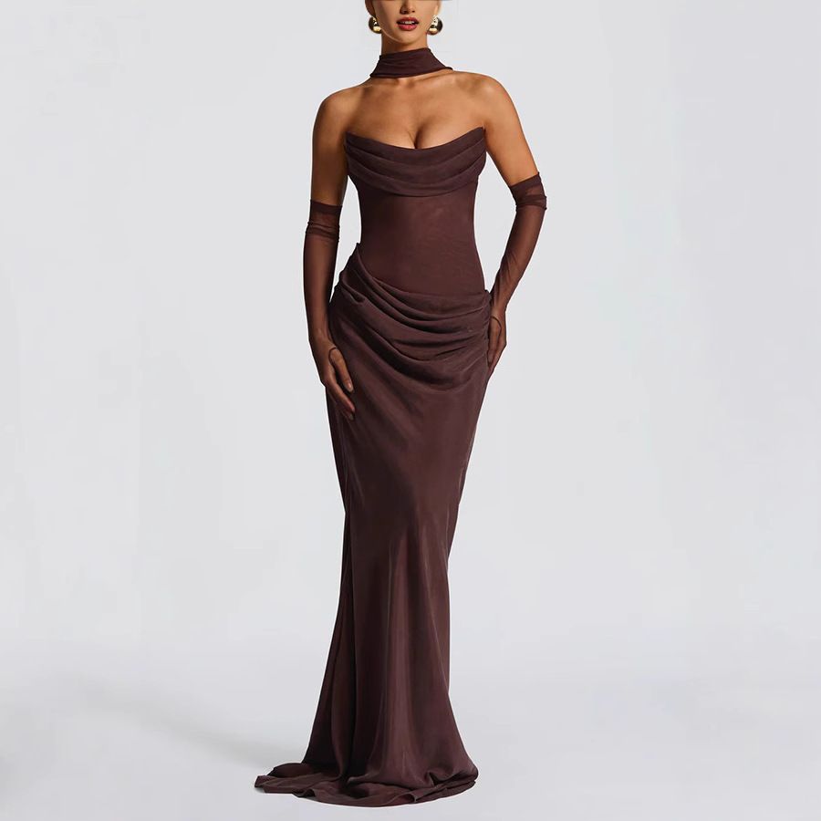 Elegant Ruffle Twist Front Bodycon Dress For Women, Off-Shoulder Midi Dress With Asymmetrical Hem In White And Deep Brown_ecoleips.com