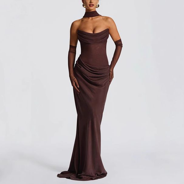 Elegant Ruffle Twist Front Bodycon Dress For Women, Off-Shoulder Midi Dress With Asymmetrical Hem In White And Deep Brown_ecoleips.com