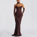 Elegant Ruffle Twist Front Bodycon Dress For Women, Off-Shoulder Midi Dress With Asymmetrical Hem In White And Deep Brown_ecoleips.com