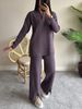 Spring Women's Pure Color Knit Set With Zipper, High Neck, And Striped Design-Two-Piece Home Wear Set_ecoleips.com