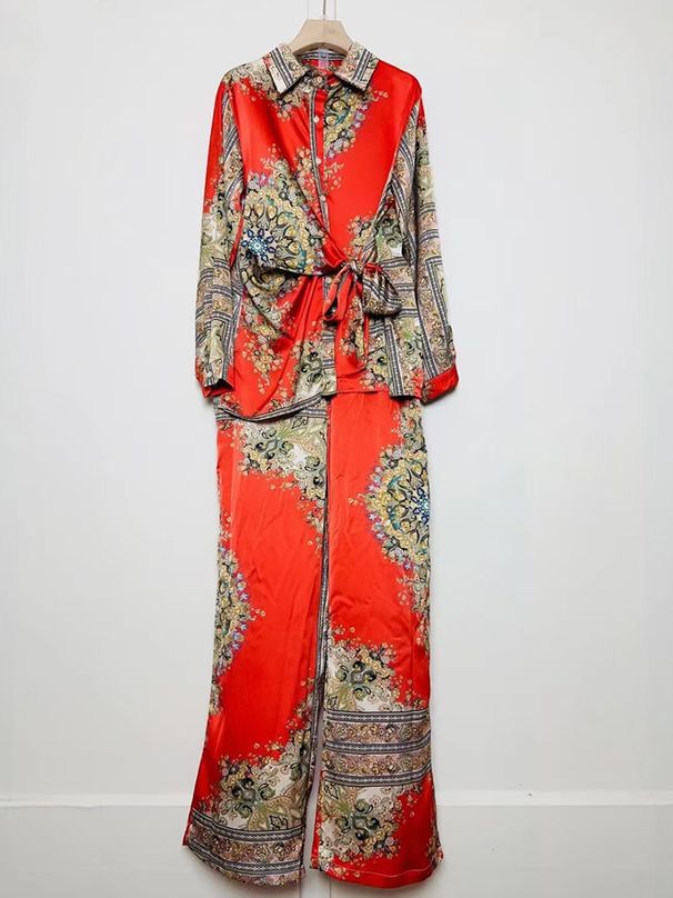 Women's Clothing Women's Retro Geometric Print Lace Up Waist Shirt Two Piece Spring Loose Wide Leg Pants Suit_ecoleips.com