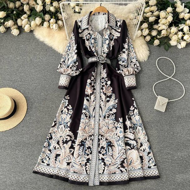 Women's Clothing Spring And Autumn Lantern Sleeve Lapel Single Breasted Printed Dress Waist Sweeping Palace Style Long Skirt_ecoleips.com