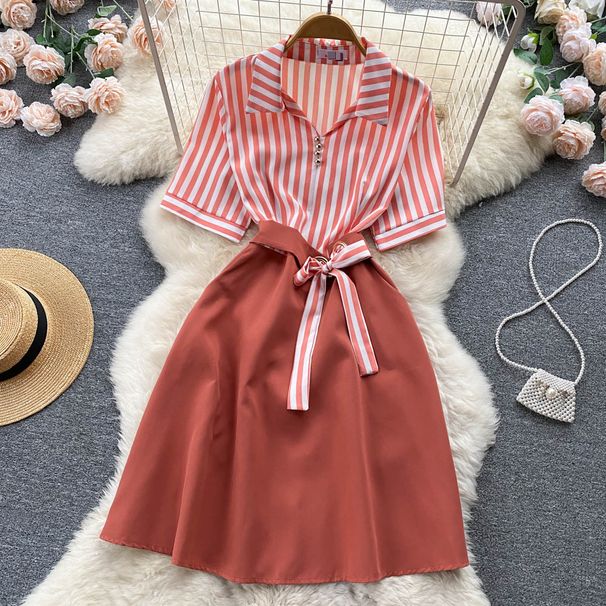 Elegant Temperament Striped Lapel Short Sleeve Dress Women Summer New Style Waist Temperament All Match A Line Skirt_ecoleips.com