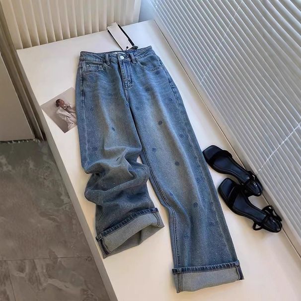 High Waist Straight Leg Jeans For Women - Blue Denim Pants With Embroidery Details, Comfortable & Flowy Wide Leg Design, Casual & Stylish Trousers_ecoleips.com