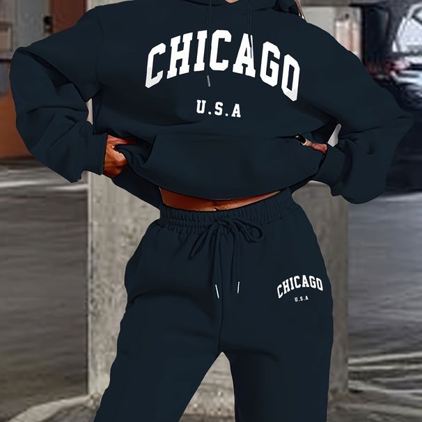 Women's Autumn And Winter Casual Fashion Chicago USA Letter Printed Thick Fleece Warm Hooded Sweatshirt+sports Pants Set-728_ecoleips.com
