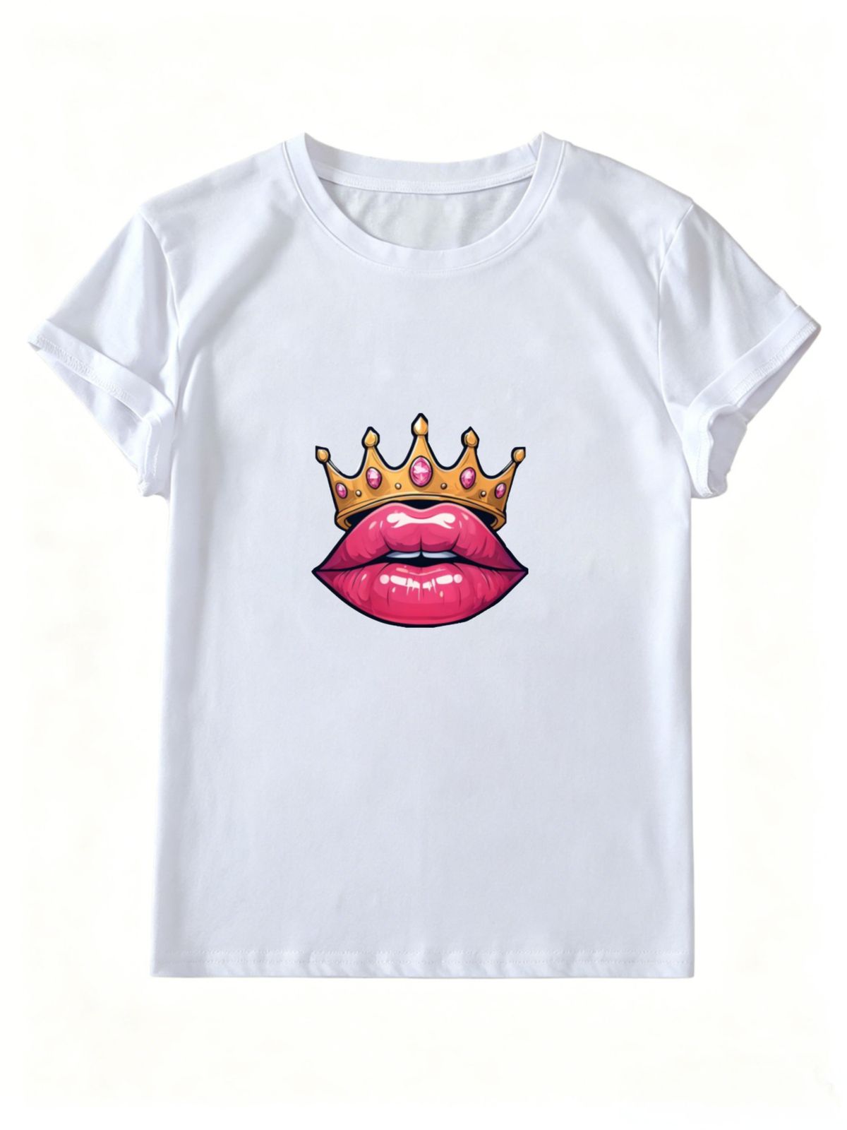 Women Summer Crew Neck Short Sleeve T-Shirt, Glossy Pink Lips Golden Gem Crown Graphic Print Casual White Loose Trendy Streetwear Tee Top_ecoleips.com